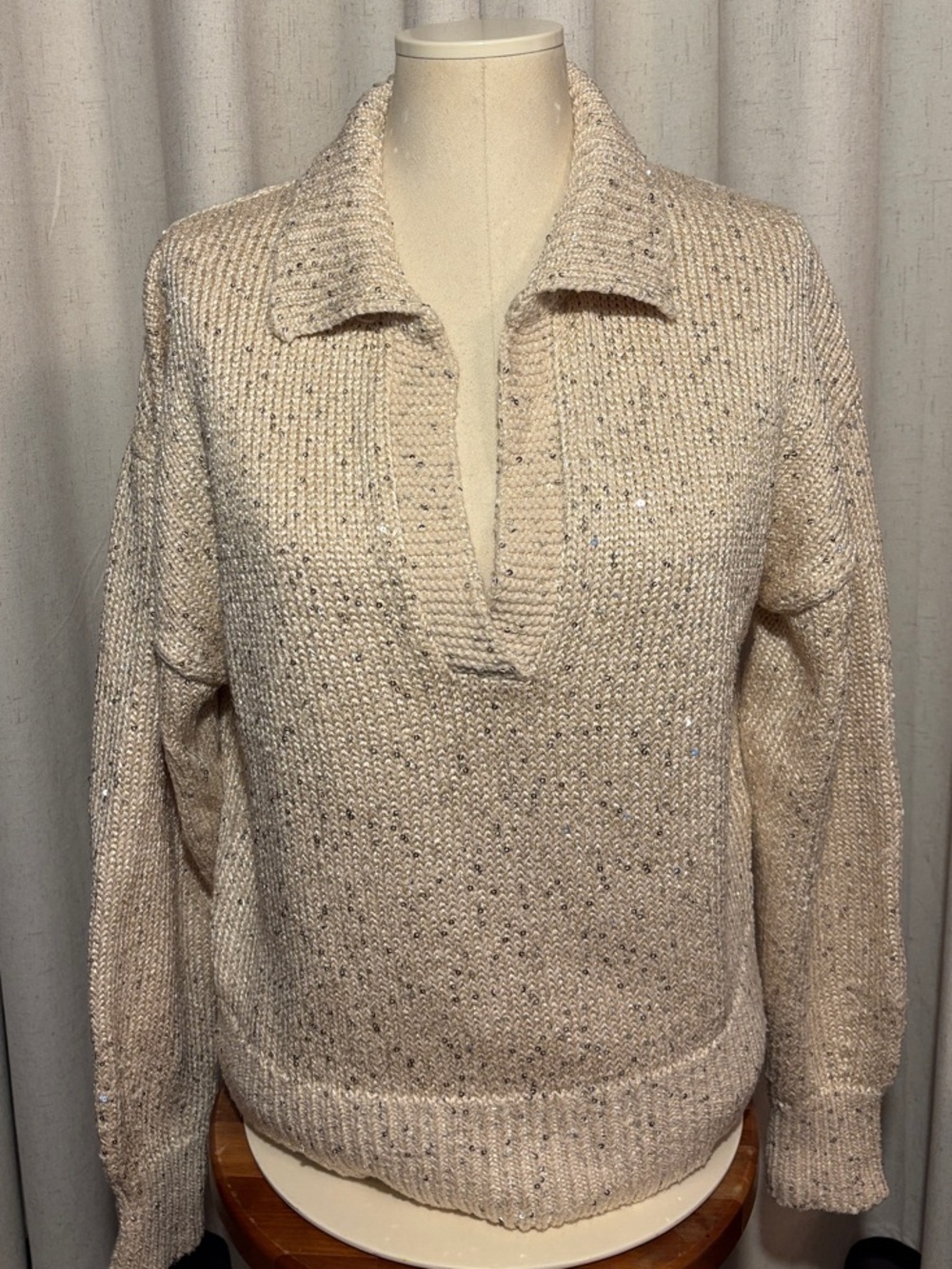 J.Crew Cream Sequin Collared V-Neck Sweater Size M